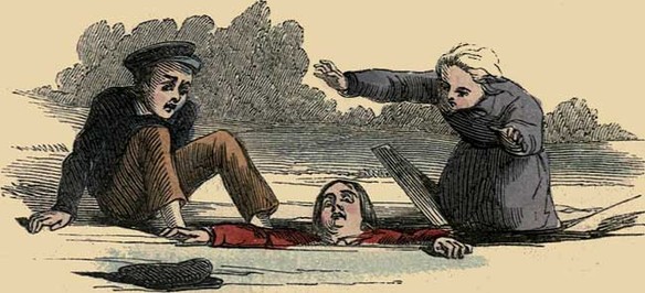 Illustration: Three children sliding on the ice.