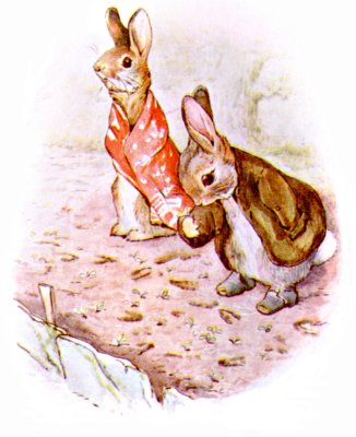 Illustration: They left a great many odd little footmarks all over the bed, especially little Benjamin, who was wearing clogs.